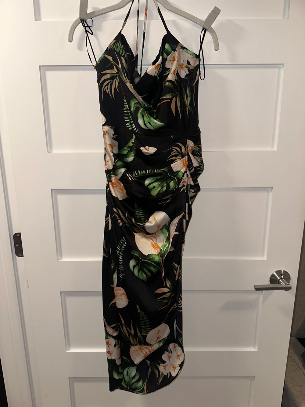 Luxxel Black Floral Maxi Dress with Green Leaf Print